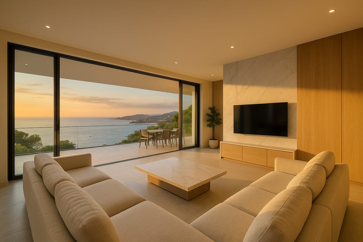 Séjour contemporain avec baies à galandages et vue mer à Nice