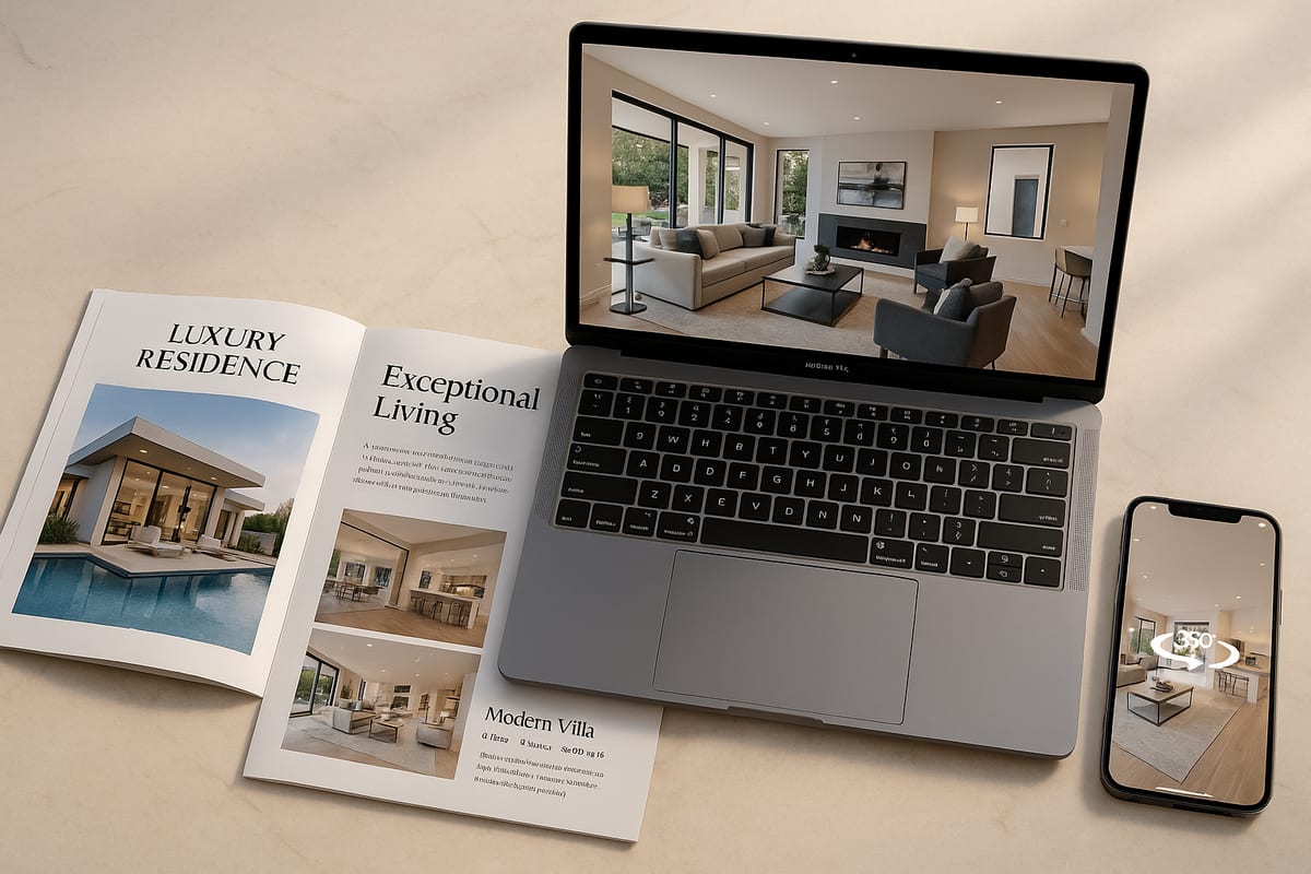 Brochure digitale, ordinateur et visite virtuelle — marketing immobilier premium
